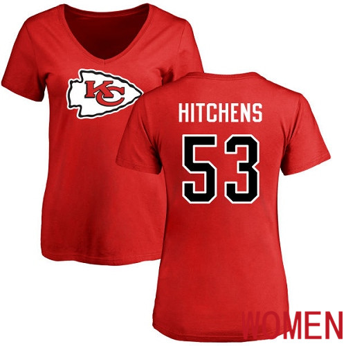 Women Kansas City Chiefs #53 Hitchens Anthony Red Name and Number Logo Slim Fit NFL T Shirt